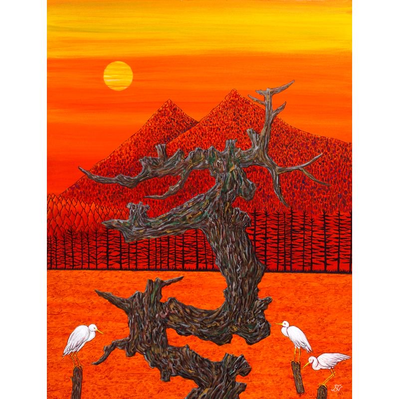野崎龍雄 「夕日に輝く筑波山」 油彩・アクリル６号 - 一枚の繪 