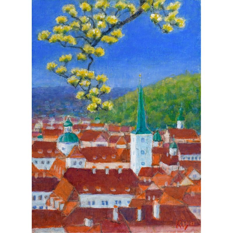 石川清幸 「プラハの春（サンシュユ咲く）」 油彩４号 - 一枚の繪
