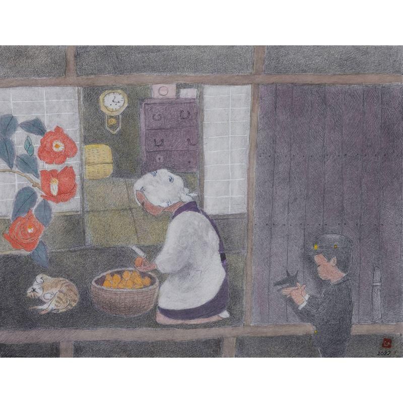 イシマルヒデ 「晩秋の縁側」 水彩6号大（30.5×39.5cm） - 一枚