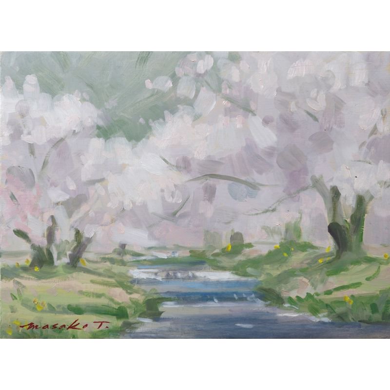 油絵 絵画【桜と川】-