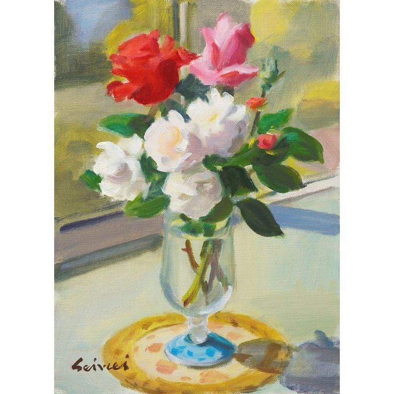 バラ絵画 北川金治 真作「薔薇」油彩4号 色鮮やかな厚塗り薔薇図名品