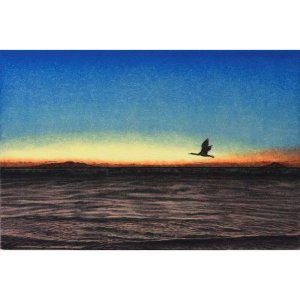 伊土晋平 「夜明けに飛ぶ」 日本画P６号 額付き