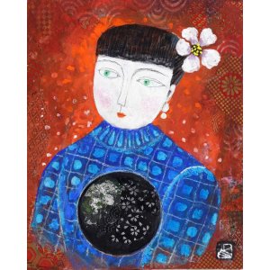 香野ルミ子 「毬と青いセーター」 日本画３号 額付き