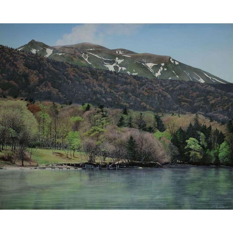 塚原貴之 「春紅葉と残雪の雌阿寒岳」 油彩100号 額付き - 一枚の繪