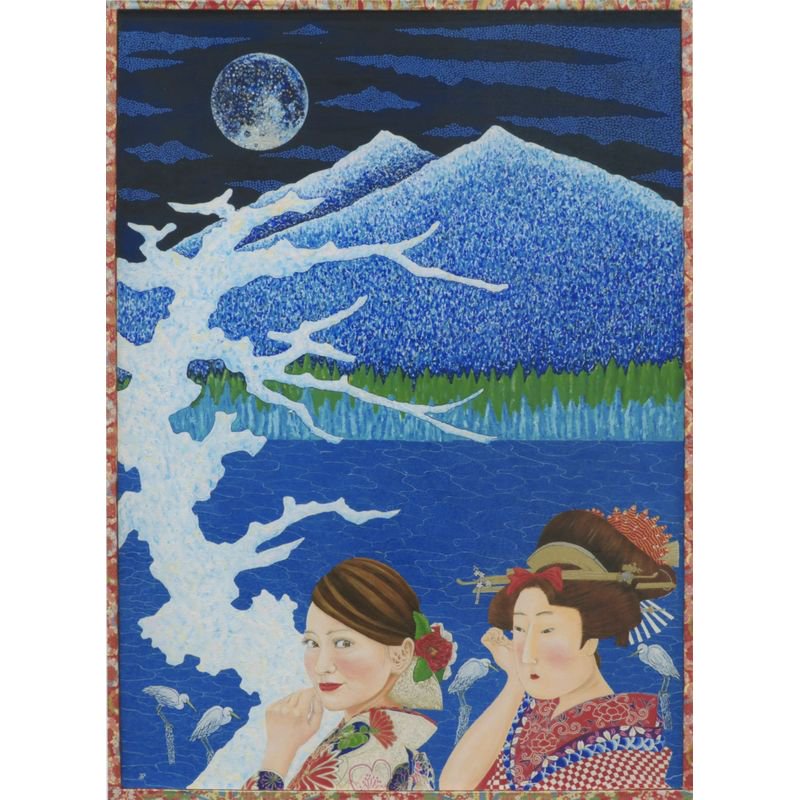 野崎龍雄 「月と筑波山と白鷺＆YUIさん」 油彩・アクリルP40号 額付き 