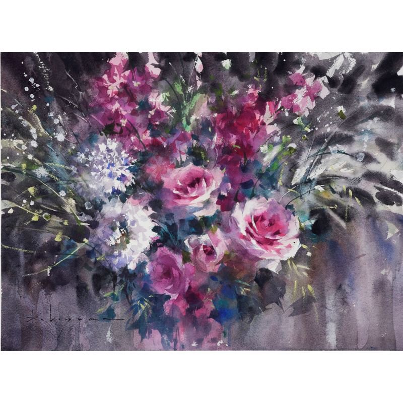 コヤマ大輔 「ピンクの花束」 水彩６号大（29×39cm） - 一枚の繪 
