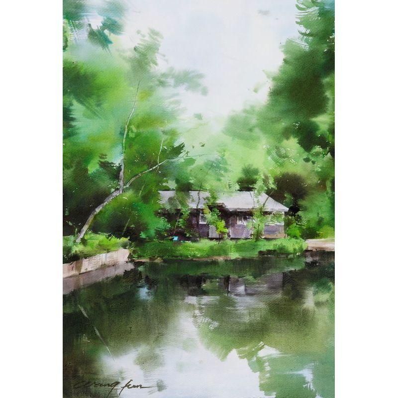 王 軍 「池畔のカフェ（軽井沢）」 水彩5号大（36.7×25.0cm） - 一枚