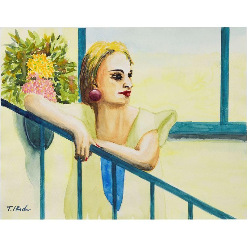 池田隆司 「テラスの女」 水彩6号大（31.3×40.2cm） - 一枚の繪