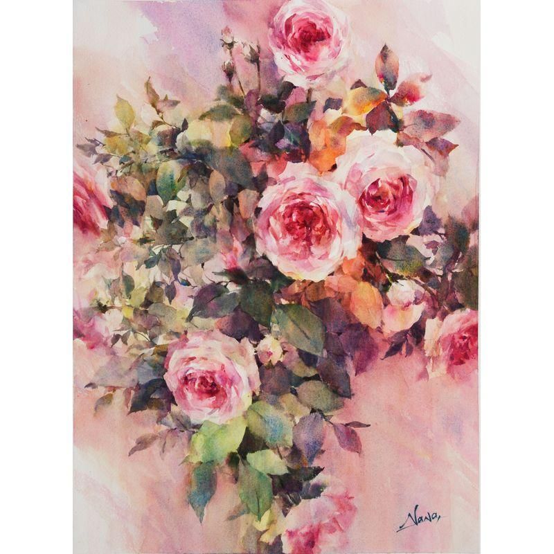 ピンク・ナチュラル水彩画 松尾直子 「あるがままに咲いて」 水彩6号大（40.5×30.0cm） - 一枚の