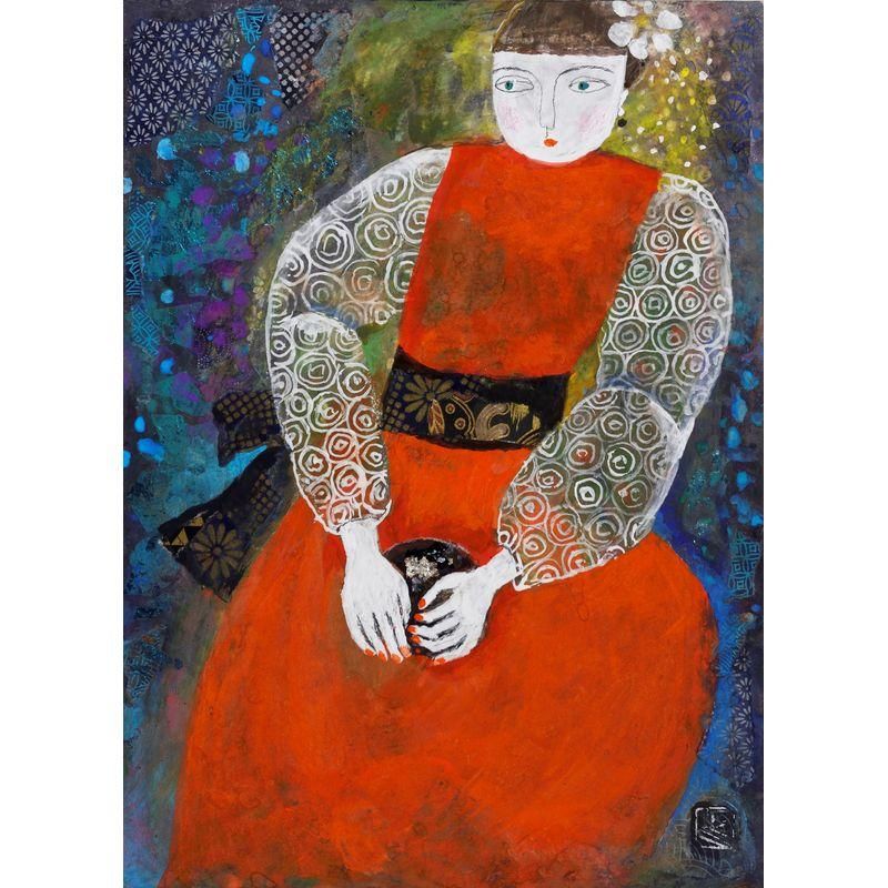 処分価格　香野ルミ子「赤いヴェールの母娘」ガラス絵　優しい眼差し