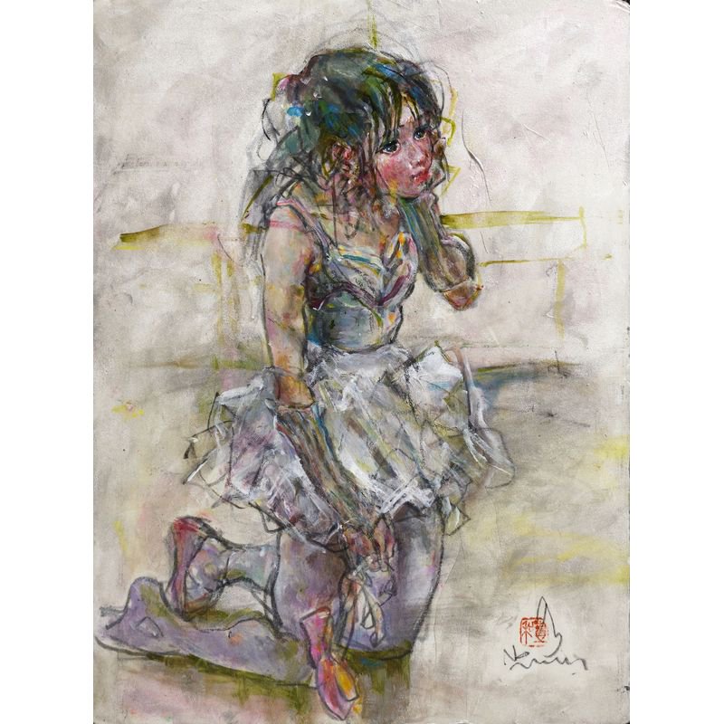 乃村豊和 「立てひざをついてレッスンを視つめるバレリーナ」 紙に油彩５号大（35×26�）