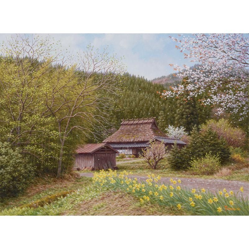 真作】絵画油彩（板にキャンバス地）山と湖の風景雄大な自然美U157