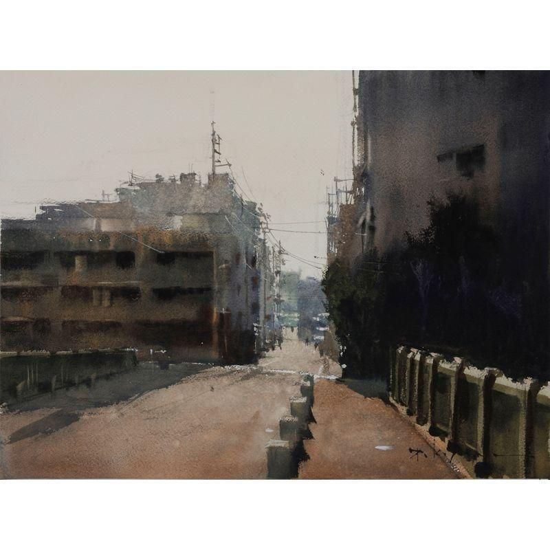 深田真濤 8号 風景画 水彩画 直筆 落款 共シール 額装 田舎風景