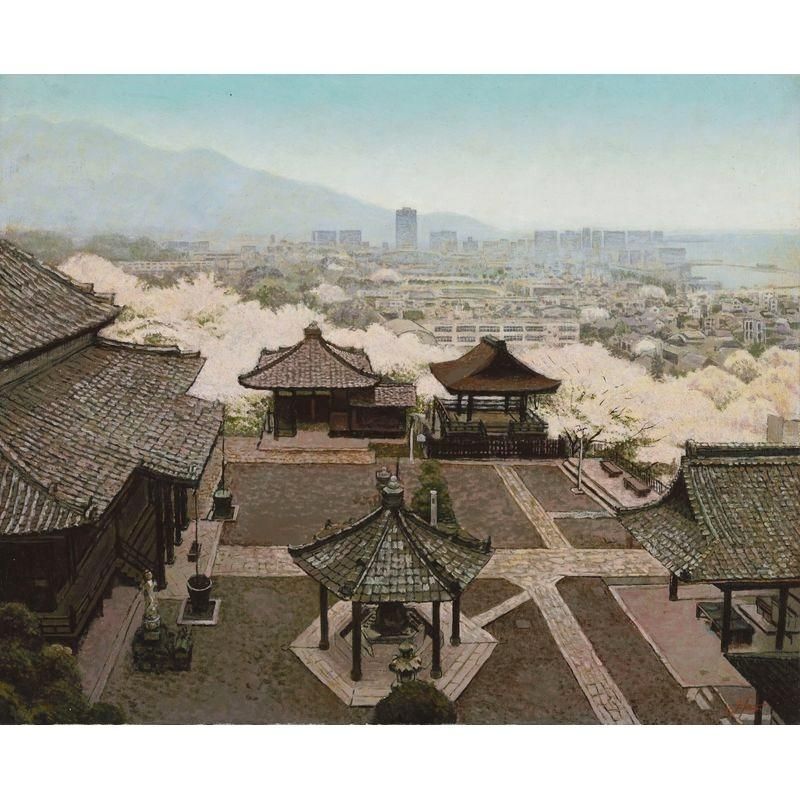 風景画 春、桜とローカル線 （透明水彩風景画） JR因美線、美作滝尾駅