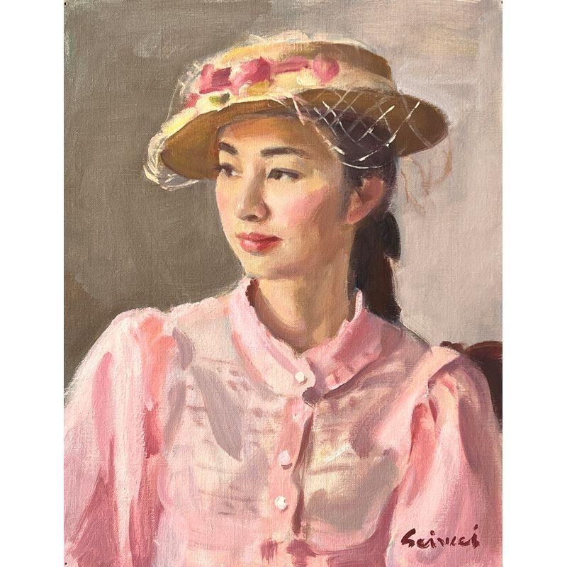 上品コーデはコレで安心！ 宙 額装 サイン有 P10号 真椰レイ「帽子の女」水彩画 真作保証 絵画