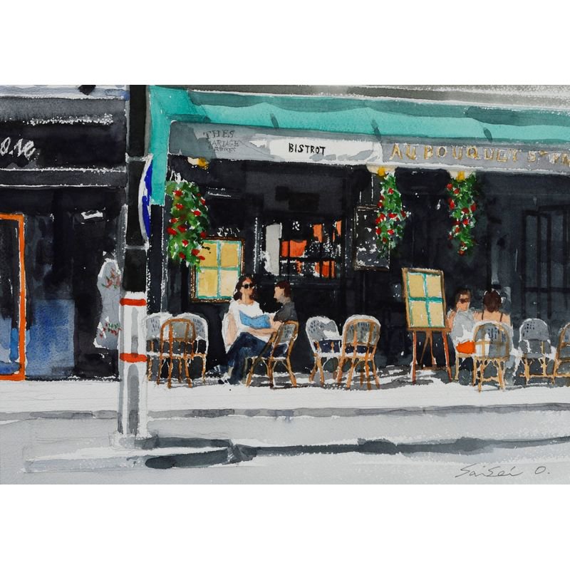 大場再生 「パリのカフェ」 水彩４号大（24.3×33.3cm）