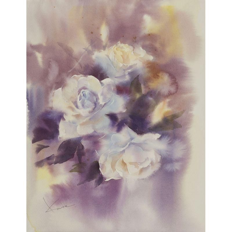 春花のメロディー　ホワイト額入り　水彩画 春花のメロディー ホワイト額入り 水彩画