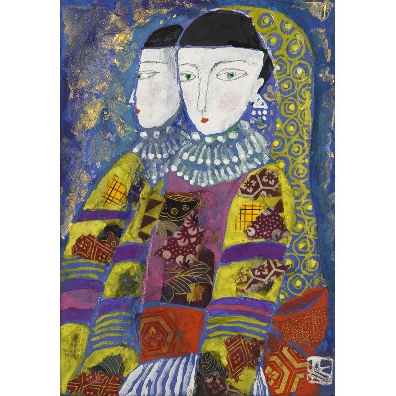 処分価格　香野ルミ子「赤いヴェールの母娘」ガラス絵　優しい眼差し 処分価格 香野ルミ子「赤いヴェールの母娘」ガラス絵 優しい眼差し