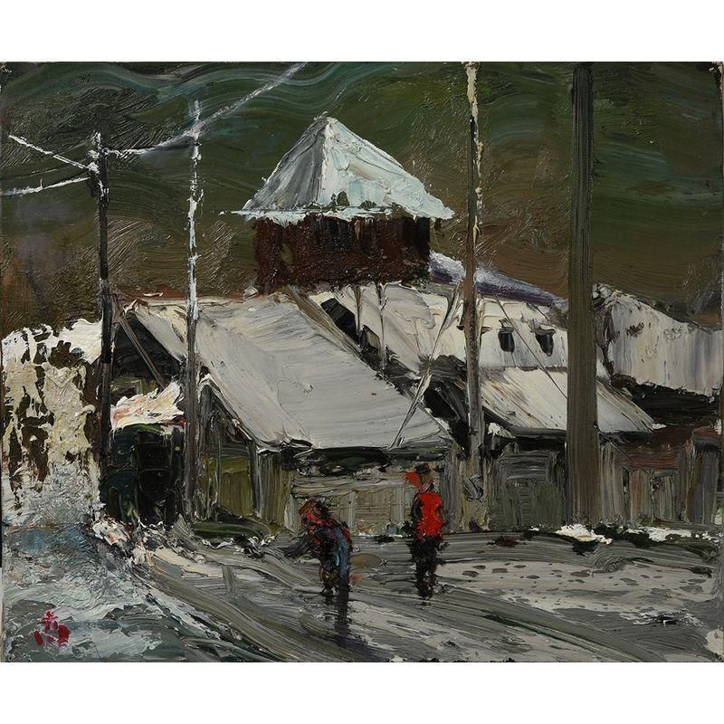 油絵 朝の斐伊川 絵画のみF3号 Town of Light and Water Ⅱ (光と水