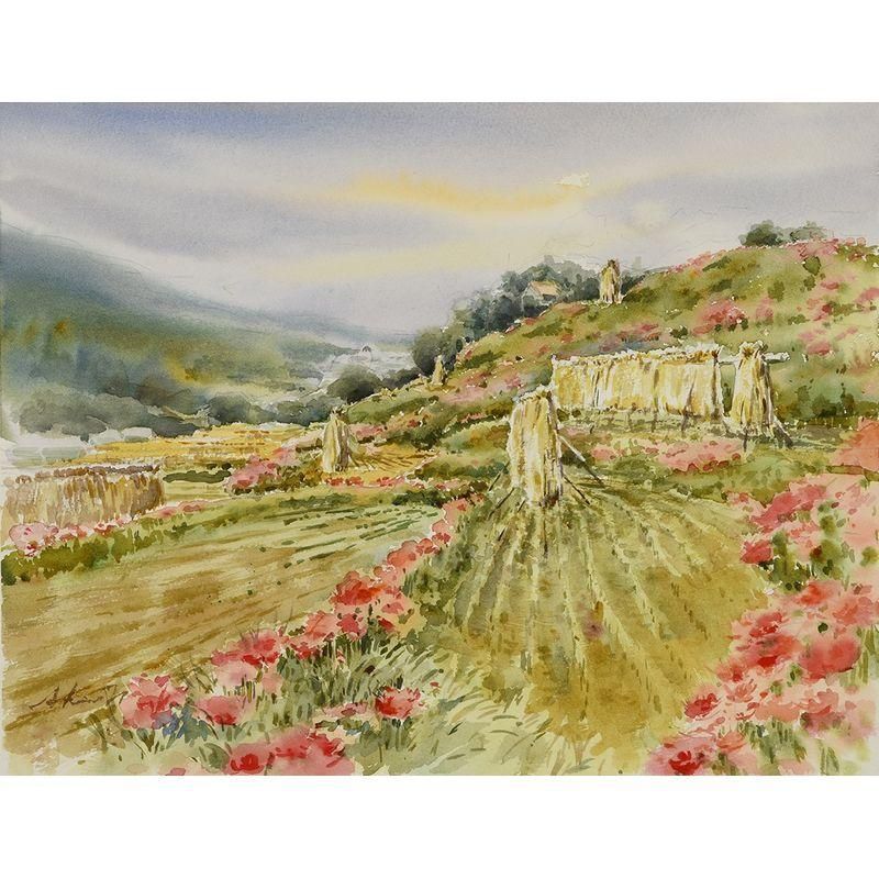 長谷岩友　水彩画 風景画 木製フレーム付き 約23cm x 17cm 長谷岩友 水彩画 風景画 木製フレーム付き 約23cm x 17cm