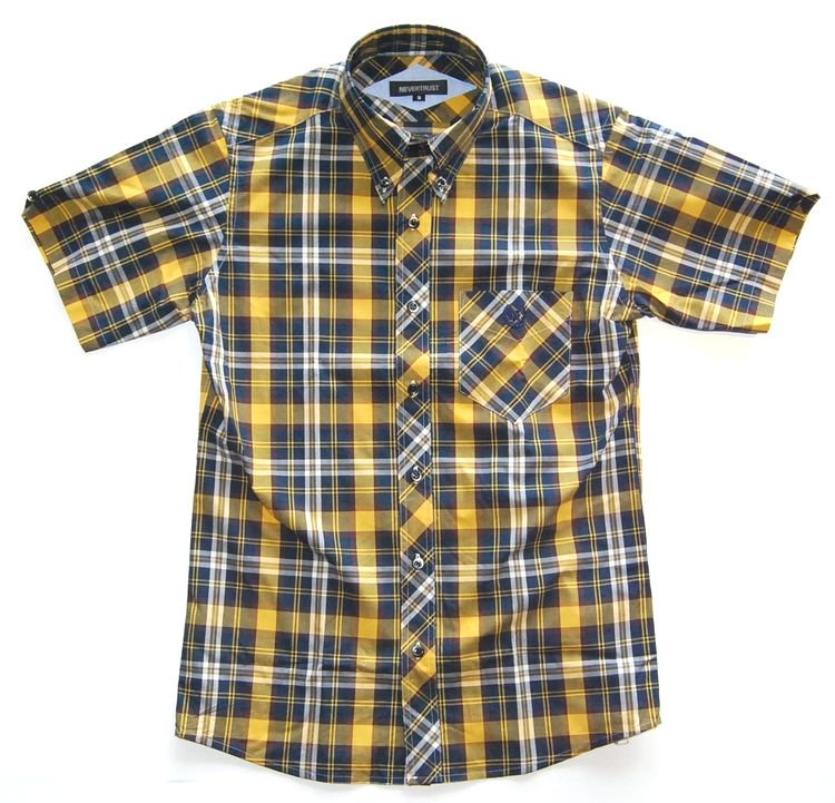 NEVERTRUST　　OVER　CHECK　B.D.半袖シャツ　　YELLOW×NAVY×BROWN