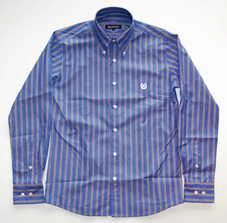 NEVERTRUST　　長袖MULTI STRIPE B.D SHIRT　　NAVY×BROWN