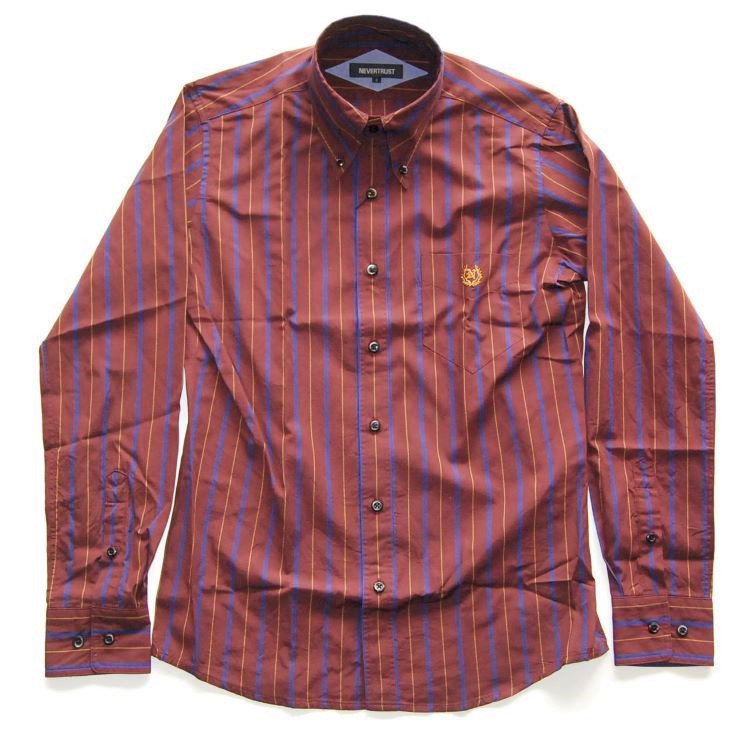 NEVERTRUST 長袖MULTI STRIPE B.D SHIRT WINE×NAVY×MUSTARD