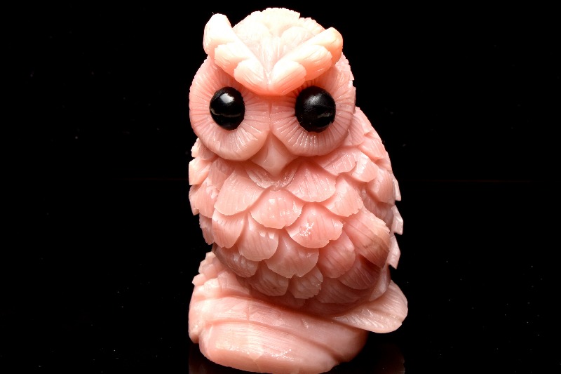 ピンクオパール フクロウ 梟 彫刻 2個セット - インテリア雑貨