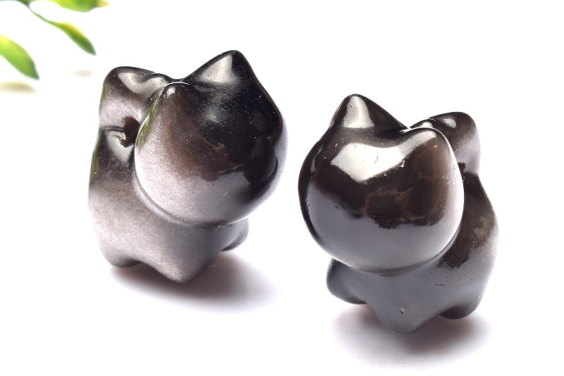 3個セット シルバーオブシディアン 19.5x14.5-15mm 猫 ネコ