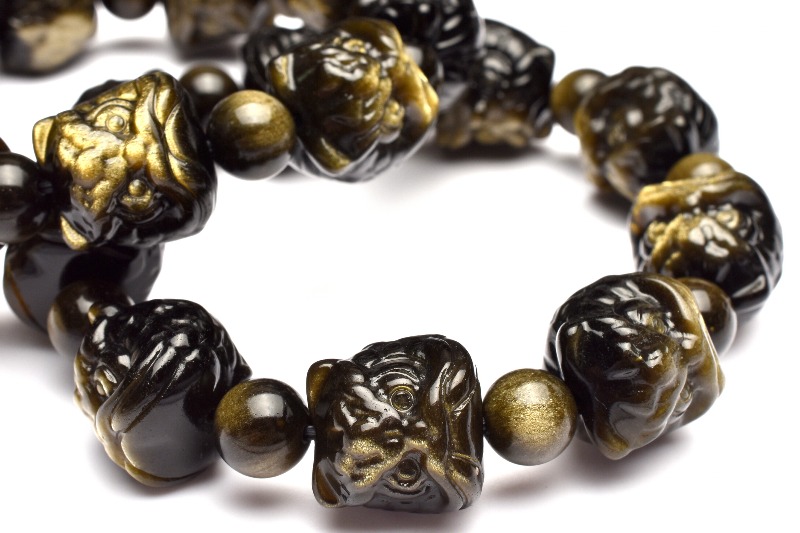 金の輝き！ ゴールデンオブシディアン 15x16(丸玉8)mm 獅子舞彫刻