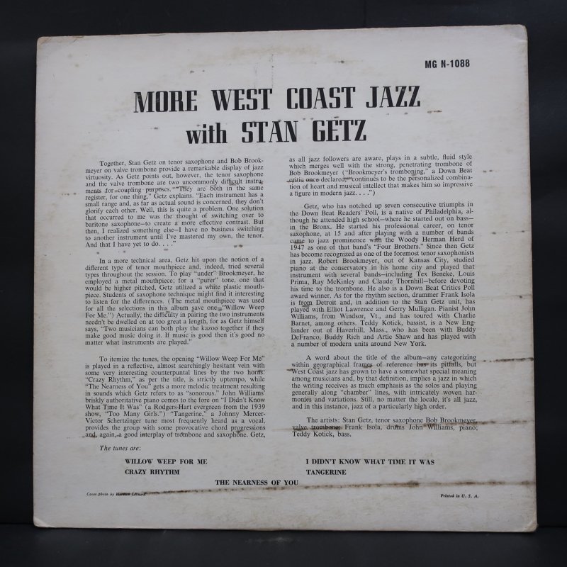 STAN GETZ 準オリジナル NORGRAN ”MORE WEST COAST JAZZ” - VINYLPLANET